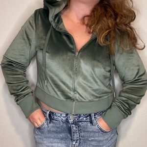 Aerie Real Good Cropped Hoodie Zip Up Green Women's XL‎ Velvet Soft Stretch